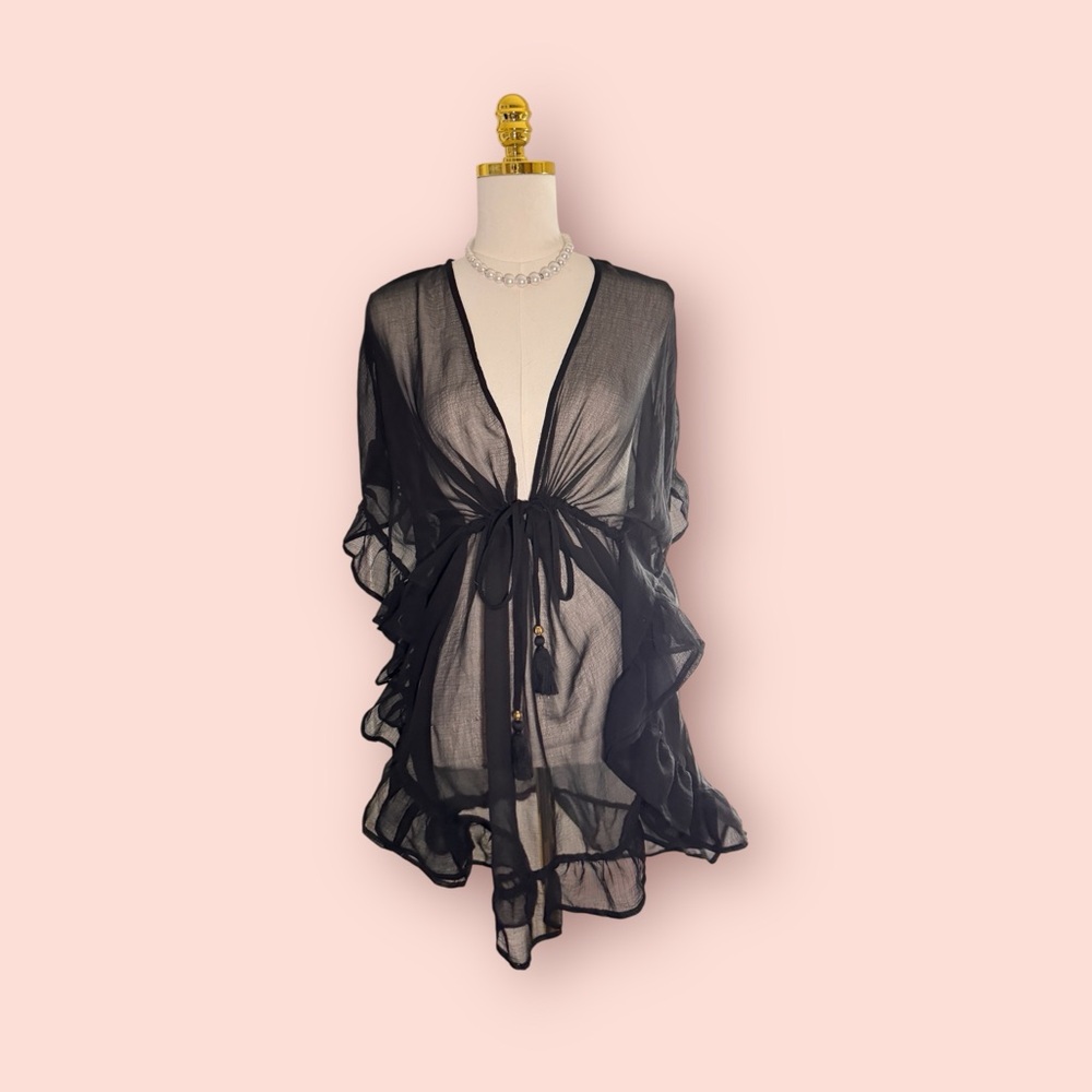 Sheer Black Ruffle Kimono Cover-Up